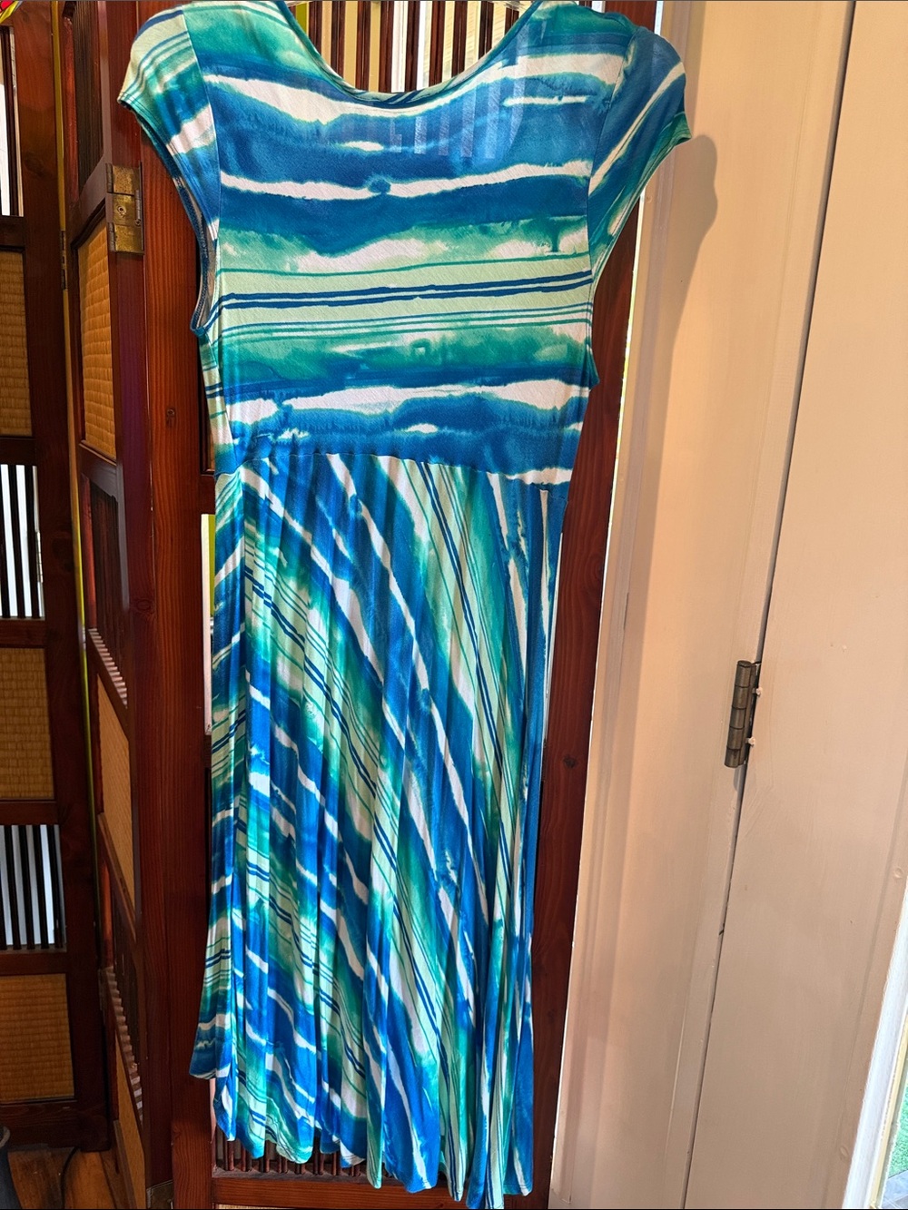 Avenue Blue and Green Watercolor-Stripe Cap Sleeve Midi Dress - Picture 2 of 3